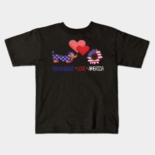 Dog Big Hearts And Sunflower Dachshunds Love America Happy Independence July 4th Dogs Lover Kids T-Shirt